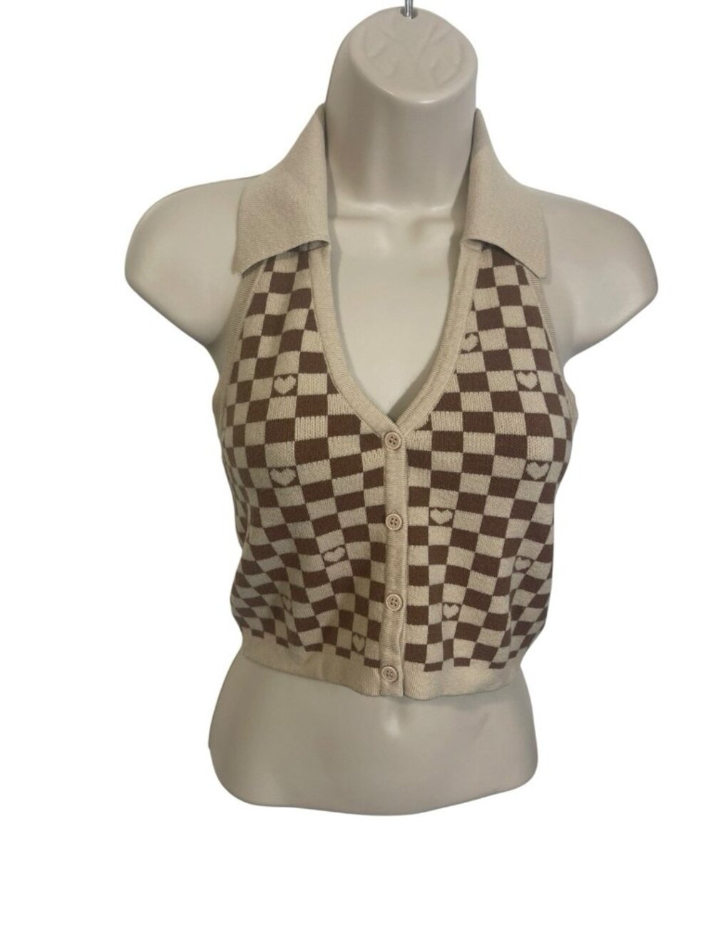 Witty Fox Juniors Size Small Collared Halter Cropped Sweater Beige Tan Check